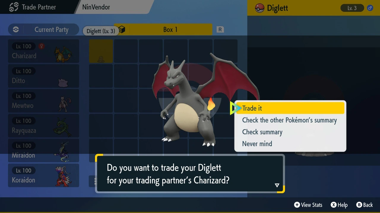 NinVendor offering a shiny Charizard on the in-game trade screen