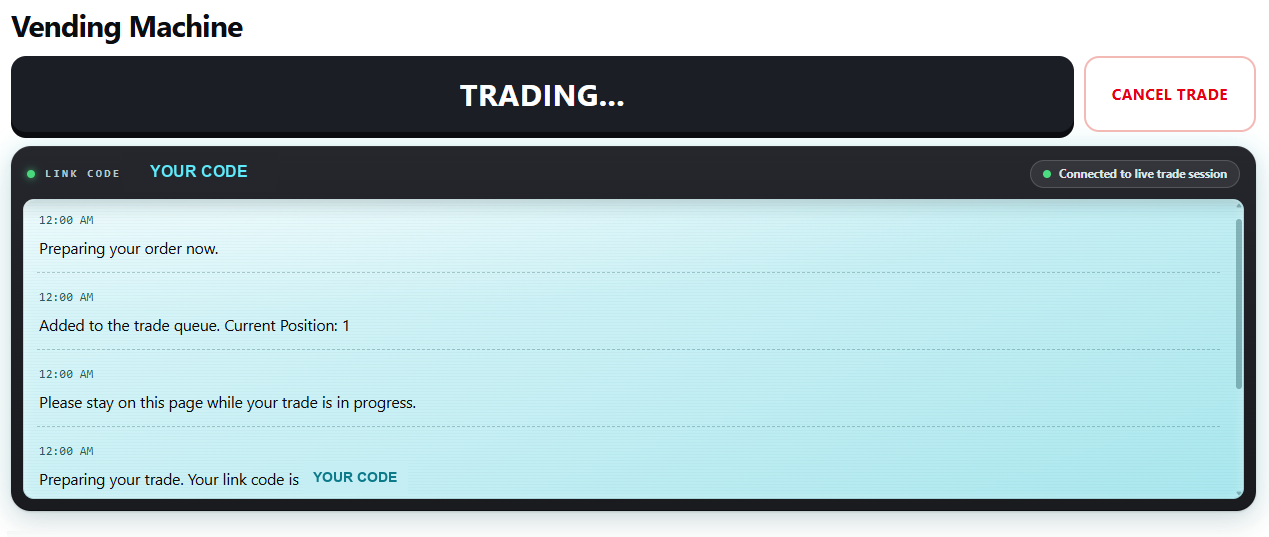 The Vending Machine's live prompts on the order page