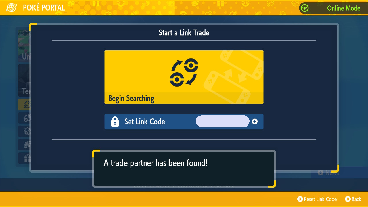 Entering the Link Trade code in the Poke Portal